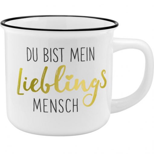 Weißer Porzellanbecher mit Motiv und Schriftzug "Lieblingsmensch"