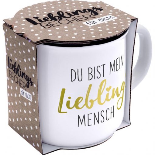 Weißer Porzellanbecher mit Motiv und Spruch "Lieblingsmensch" mit Geschenkbanderole