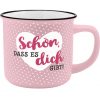 Sheepworldbecher in rosa mit weißen Punkten und Aufdruck von 2 Herzen und Spruch 