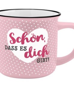 Sheepworldbecher in rosa mit weißen Punkten und Aufdruck von 2 Herzen und Spruch "Schön, dass es dich gibt"