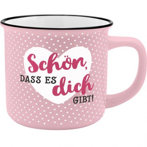 Sheepworldbecher in rosa mit weißen Punkten und Aufdruck von 2 Herzen und Spruch "Schön, dass es dich gibt"