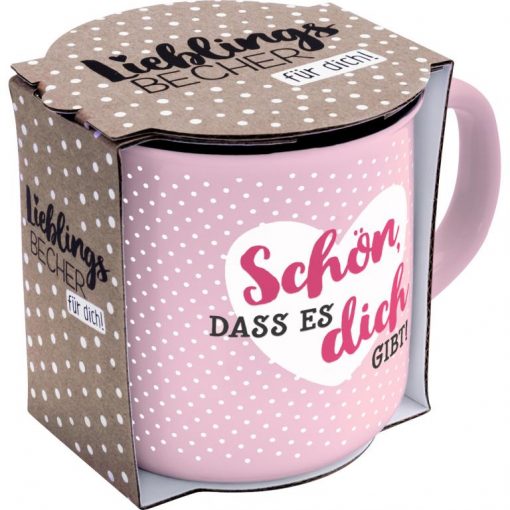 Sheepworldbecher in rosa mit weißen Punkten und Aufdruck von 2 Herzen und Spruch "Schön, dass es dich gibt" in Geschenkbanderole