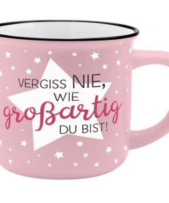 Sheepworldbecher in rosa mit hellrosa Sternen und dem Spruch "Vergiss nie, wie großartig du bist!"