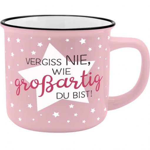 Sheepworldbecher in rosa mit hellrosa Sternen und dem Spruch "Vergiss nie, wie großartig du bist!"