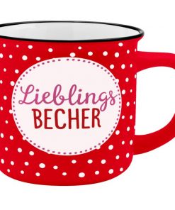 Roter Porzellanbecher mit Motiv und Spruch "Lieblingsbecher"