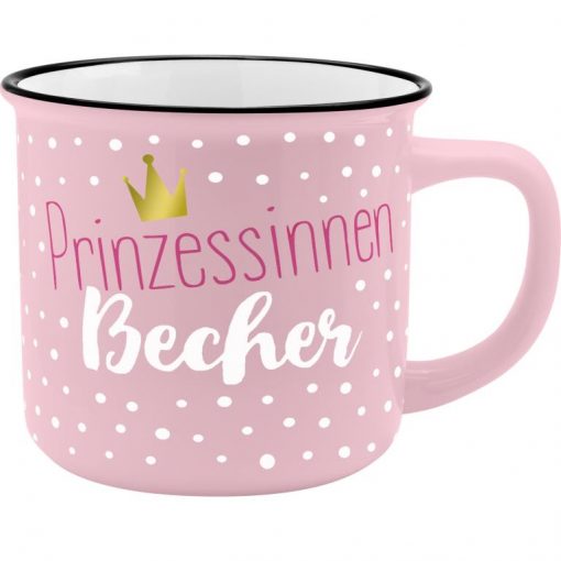 Sheepworldbecher in rosa mit weißen Punkten und Aufdruck in Form einer kleinen goldenen Krone und Spruch "Prinzessinnen Becher"