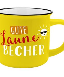 Gelber Porzellanbecher mit Motiv und Spruch "Gute Laune Becher"