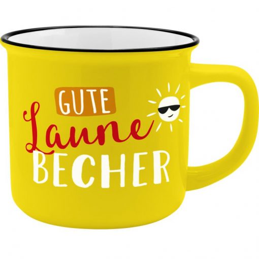 Gelber Porzellanbecher mit Motiv und Spruch "Gute Laune Becher"