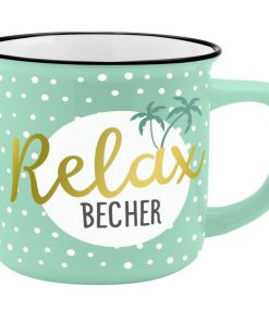 Türkiser Porzellanbecher mit Motiv und Spruch "Relax Becher"