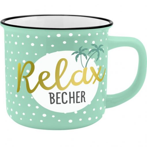 Türkiser Porzellanbecher mit Motiv und Spruch "Relax Becher"