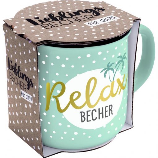 Türkiser Porzellanbecher mit Motiv und Spruch "Relax Becher" mit Geschenkbanderole