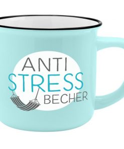 Sheepworldbecher in hellblau mit 2 weißen Kreisen und Aufdruck in Form einer Hänhematte und Schrift "Anti-Stress Becher"