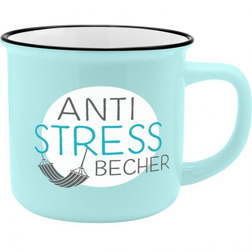 Sheepworldbecher in hellblau mit 2 weißen Kreisen und Aufdruck in Form einer Hänhematte und Schrift "Anti-Stress Becher"