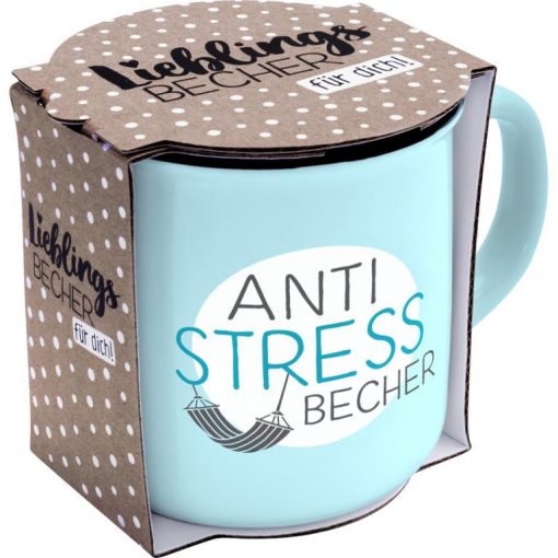 Sheepworldbecher in hellblau mit 2 weißen Kreisen und Aufdruck in Form einer Hänhematte und Schrift "Anti-Stress Becher" in Geschenkbanderole