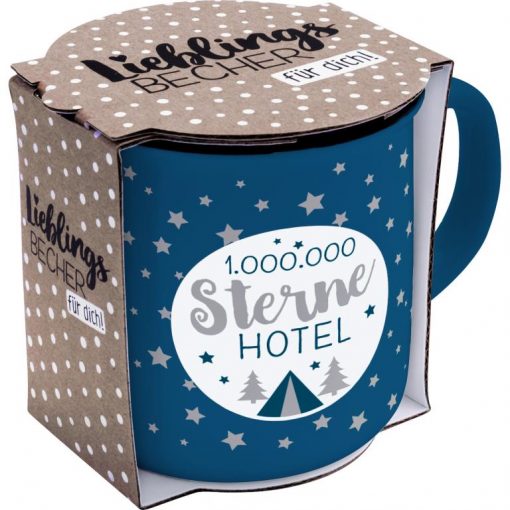 Blauer Porzellanbecher mit Motiv und Spruch "1000000 Sterne Hotel" mit Geschenkbanderole