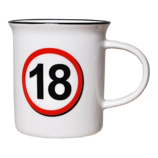 Tasse in weiß mit Verkehrsschild "18"