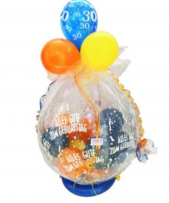 Geschenkballon in blau, gelb und orange verpackt in Folie zum 30. Geburtstag