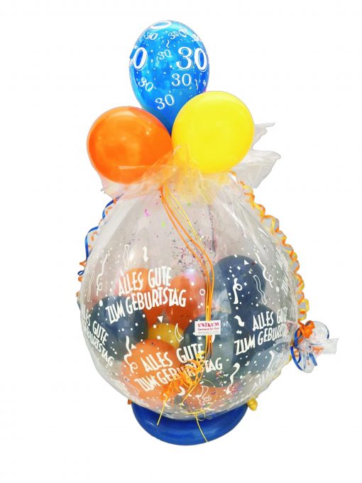 Geschenkballon in blau, gelb und orange verpackt in Folie zum 30. Geburtstag