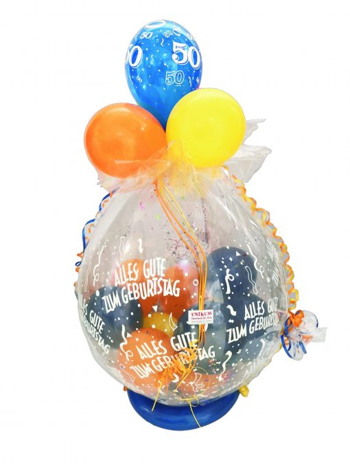 Geschenkballon in blau, gelb und orange verpackt in Folie zum 50. Geburtstag