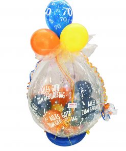 Geschenkballon in blau, gelb und orange verpackt in Folie zum 70. Geburtstag