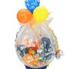 Geschenkballon in blau, gelb und orange verpackt in Folie zum 100. Geburtstag