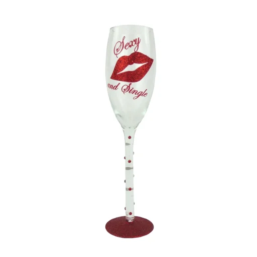 Sektglas "Sexy and Single" mit roten Glitter