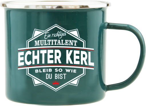 Grüner Emaille-Becher "Echter Kerl"