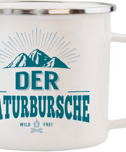 Weißer Emaille-Becher "Großartiger Naturbursche"