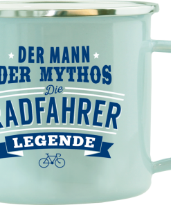 Hellblauer Emaille-Becher "Radfahrer"