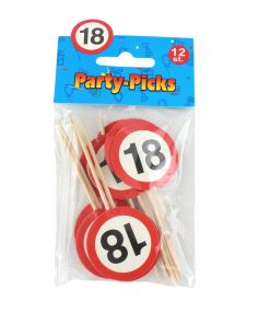 Party-Picks in Verkehrszeichen-Design auf Holzstab mit der Zahl 18