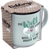 Sheepworldbecher in mintgrün mit Aufdruck in Form einer Weltkugel und Spruch 