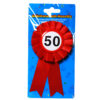 Ansteck-Rosette mit der Zahl 50 in rot/weiß