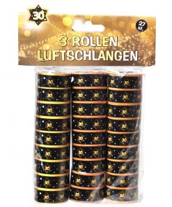 3 Rollen Luftschlangen zum 30. Geburtstag in schwarz/gold