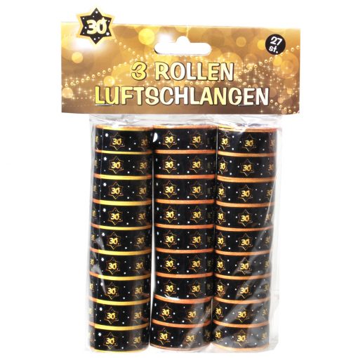 3 Rollen Luftschlangen zum 30. Geburtstag in schwarz/gold