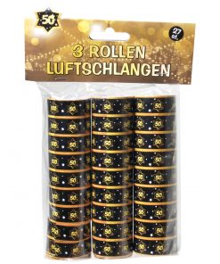 3 Rollen Luftschlangen zum 50. Geburtstag in schwarz/gold