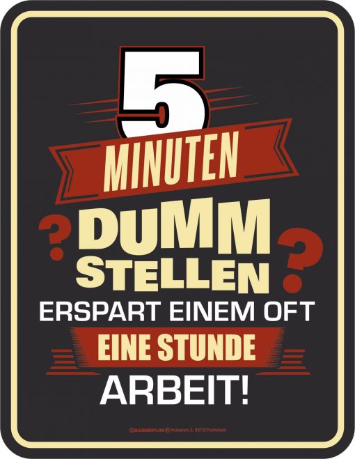 Rahmenlos Blechschild "5 Minuten dumm anstellen erspart einem oft eine Stunde Arbeit!"