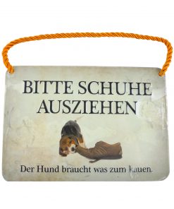 Blechschild mit Spruch und Kordel zum Hängen - Bitte Schuhe ausziehen"