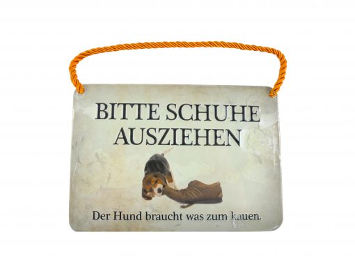 Blechschild mit Spruch und Kordel zum Hängen - Bitte Schuhe ausziehen"