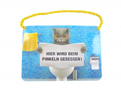 Blechschild mit Spruch und Kordel zum Hängen - Pinkelkatze sitzt