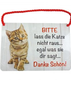 Blechschild mit Spruch und Kordel zum Hängen - Katze raus