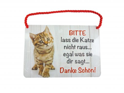 Blechschild mit Spruch und Kordel zum Hängen - Katze raus