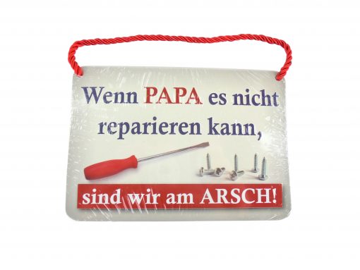 Blechschild mit Spruch und Kordel zum Hängen - Papa reparieren