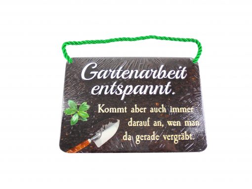 Blechschild mit Spruch und Kordel zum Hängen - Gartenarbeit