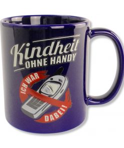 Rahmenlos Tasse in tiefblau und Motiv "Kindheit ohne Handy"