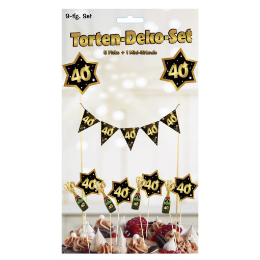 9 tlg. Torten-Deko-Set "Sterne" zum 40. Geburtstag in schwarz/gold