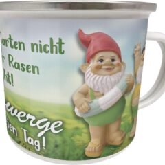 Emaille Becher mit Spruch "Die Gartenzwerge haben ihren freien Tag..."