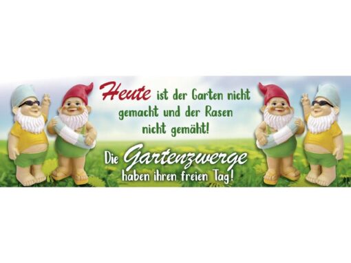 Emaille Becher mit Spruch "Die Gartenzwerge haben ihren freien Tag..."