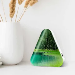 Zeigt die LakesideBox Waldsee auf einem Tisch mit einer Vase und Tasse Kaffee