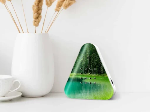 Zeigt die LakesideBox Waldsee auf einem Tisch mit einer Vase und Tasse Kaffee