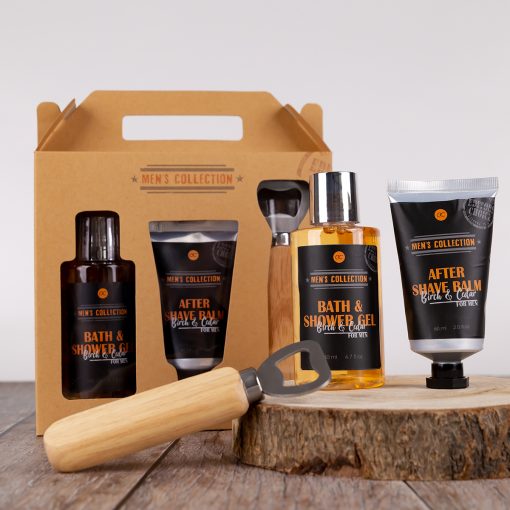 Geschenk-Set MEN'S COLLECTION inkl. Duschgel, After Shave Balsam und Flaschenöffner mit Holzgriff